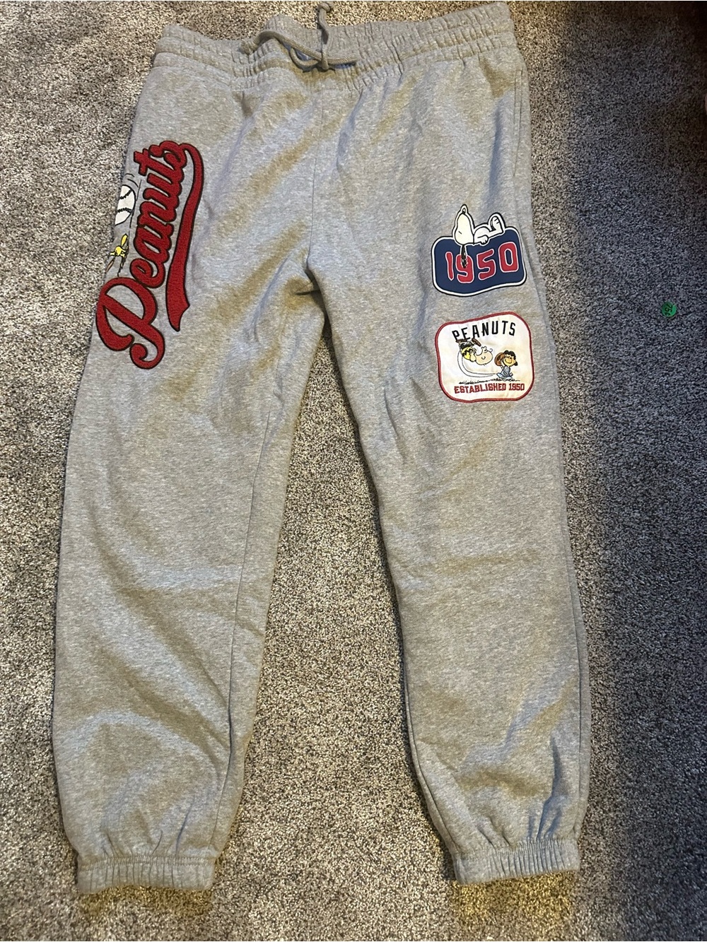 Peanuts Light Gray Joggers with Red Logo & Vintage Patches